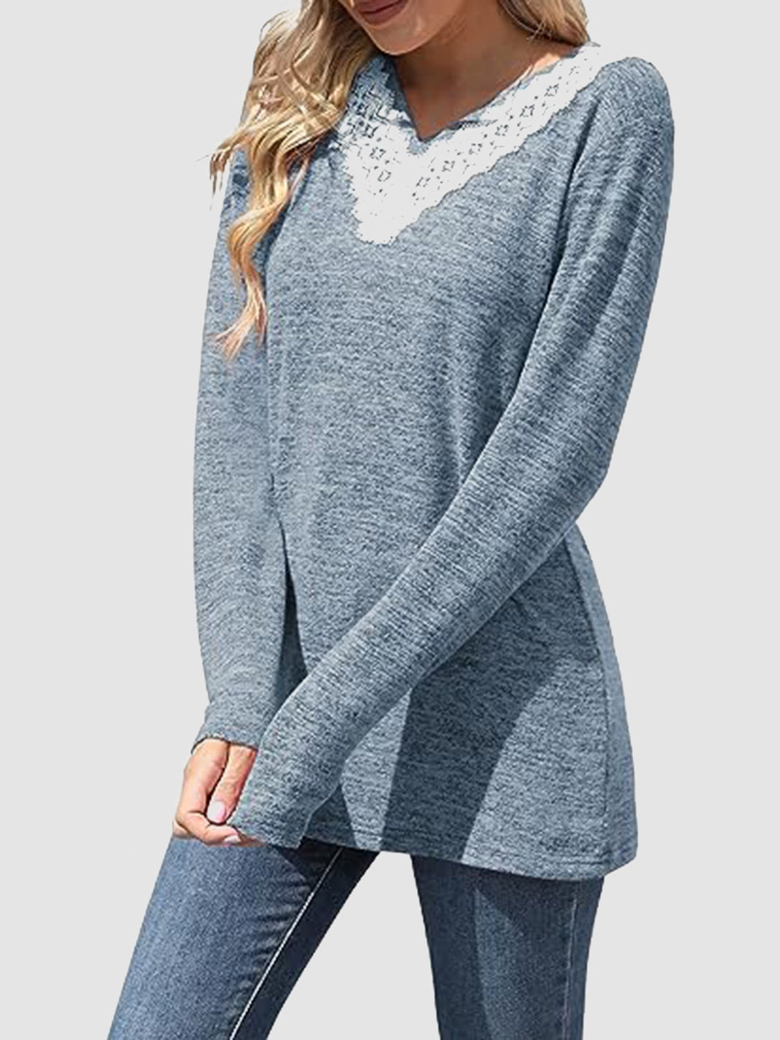 Lace Detail V-Neck Long Sleeve T-Shirt