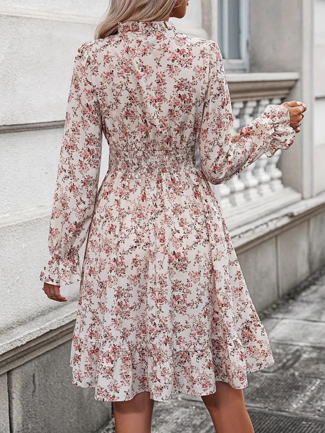 Ruffle Hem Floral Surplice Long Sleeve Dress