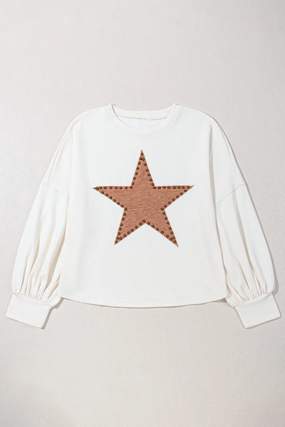 Plus Size Studded Star Round Neck Long Sleeve Blouse