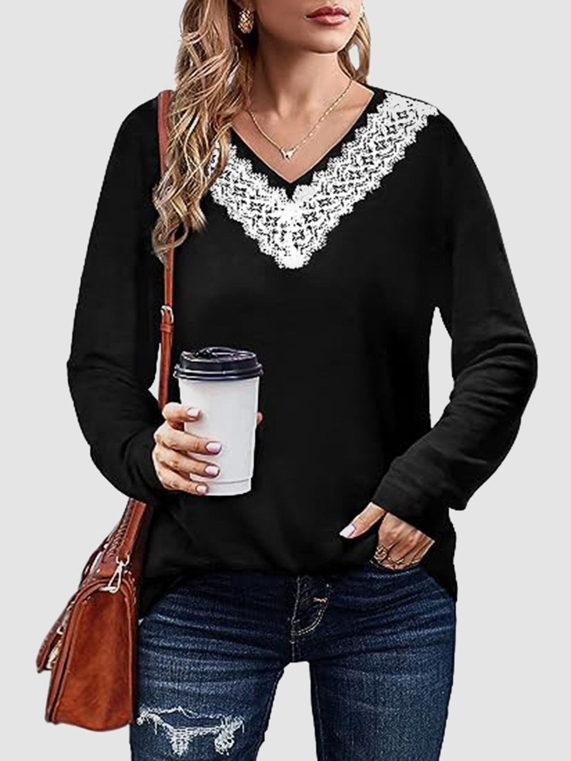 Lace Detail V-Neck Long Sleeve T-Shirt