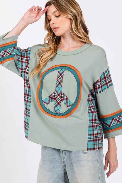 SAGE + FIG Peace Applique Patch Contrast Plaid Top