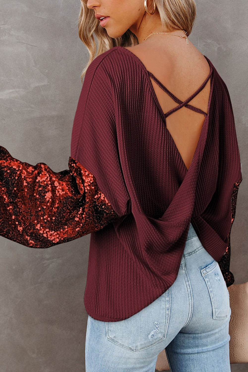 Sequin Crisscross Boat Neck Long Sleeve Blouse