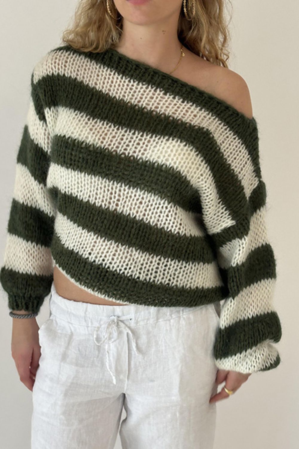 Contrast Striped Boat Neck Long Sleeve Sweater