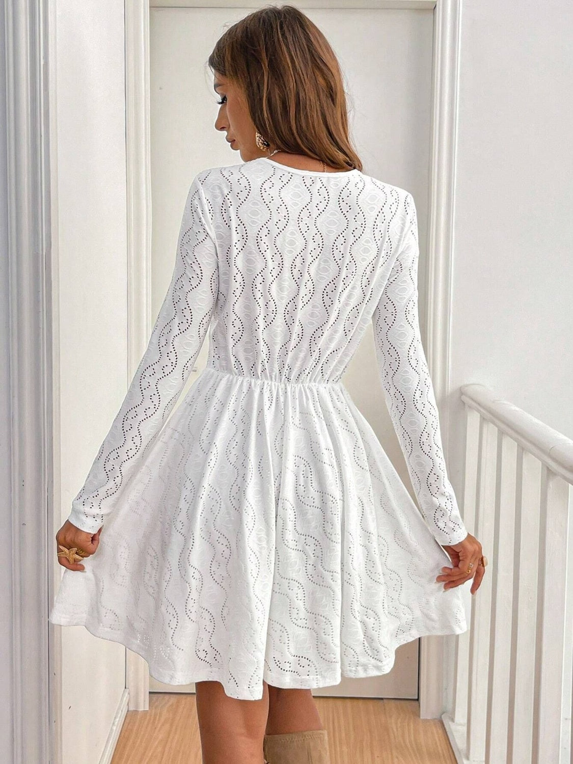 Lace Detail V Neck Long Sleeve Mini Dress