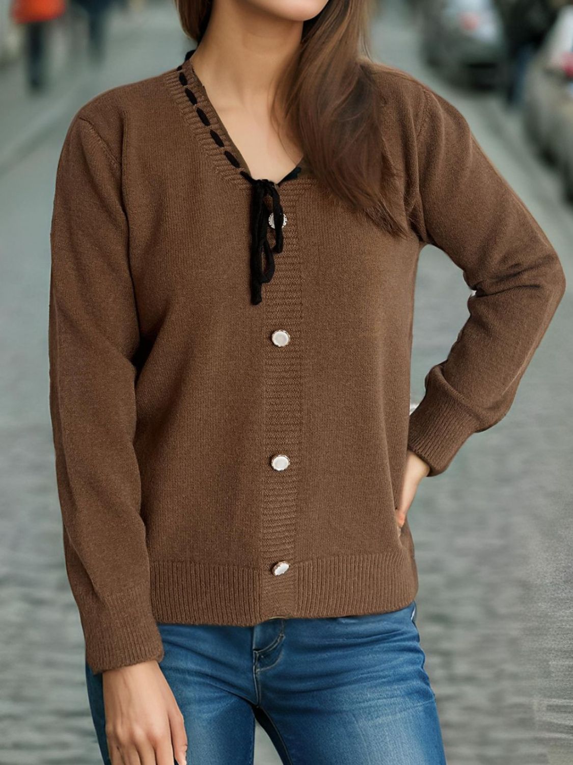 Tied V-Neck Long Sleeve Sweater