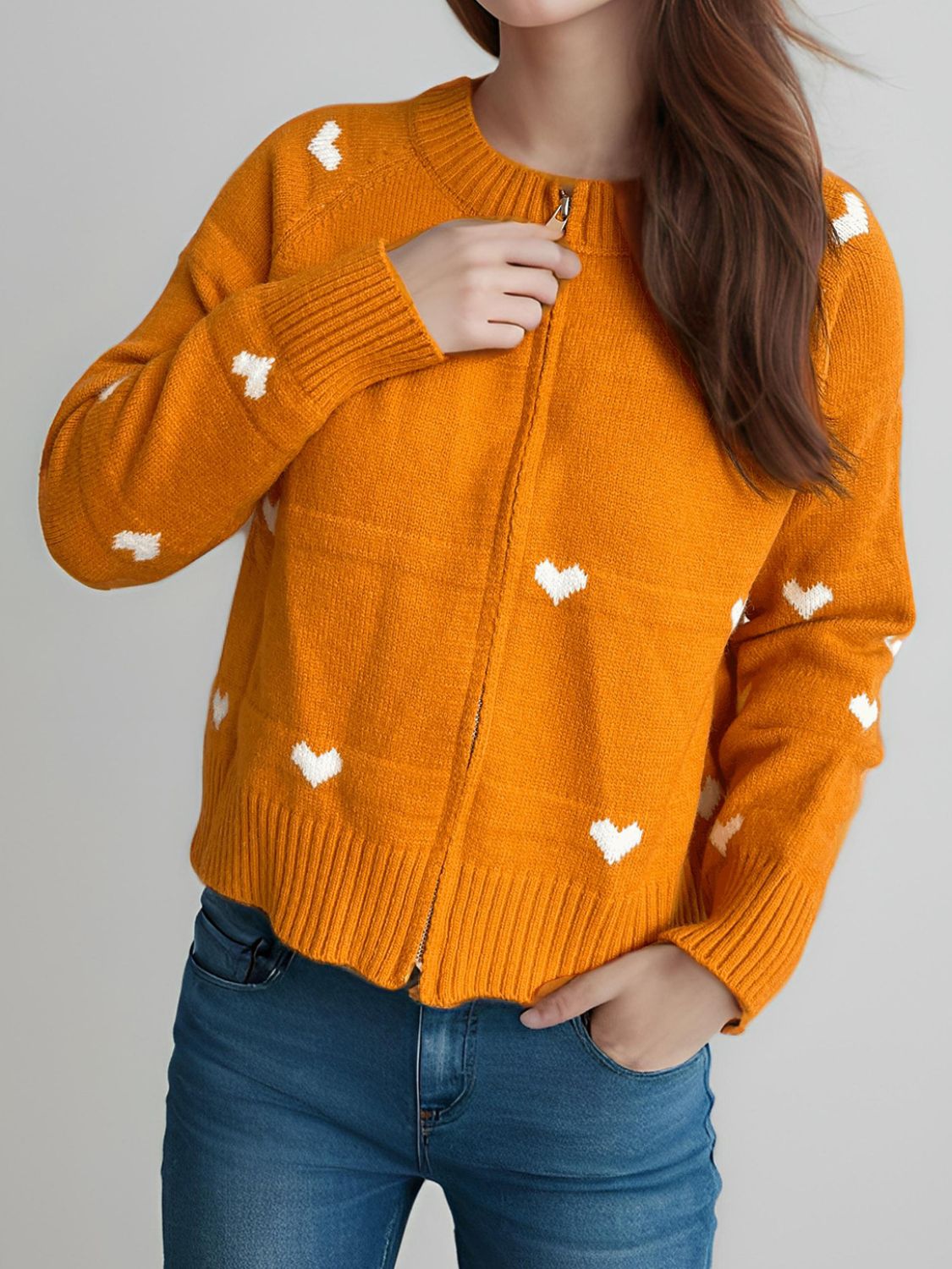 Heart Round Neck Zip Up Cardigan