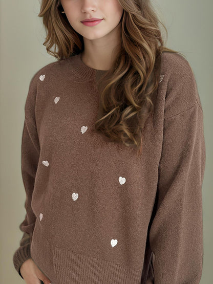 Heart Round Neck Long Sleeve Sweater