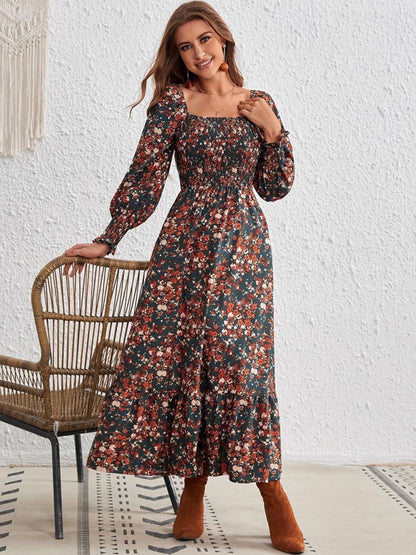 Smocked Floral Square Neck Long Sleeve Dress