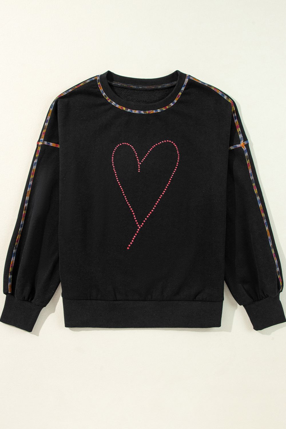 Valentine’s Day Rhinestone Heart Round Neck Long Sleeve Sweatshirt