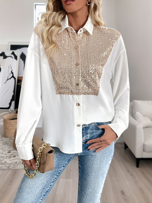 Perfee Sequin Contrast Collared Neck Long Sleeve Shirt