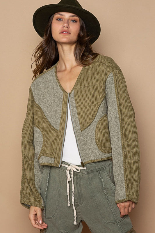 POL Quilted Knit Viding Detail Knit Patch Jacket