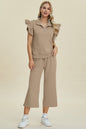 Double Take Full Size Texture Ruffle Short Sleeve Top and Wide Leg Pants Set