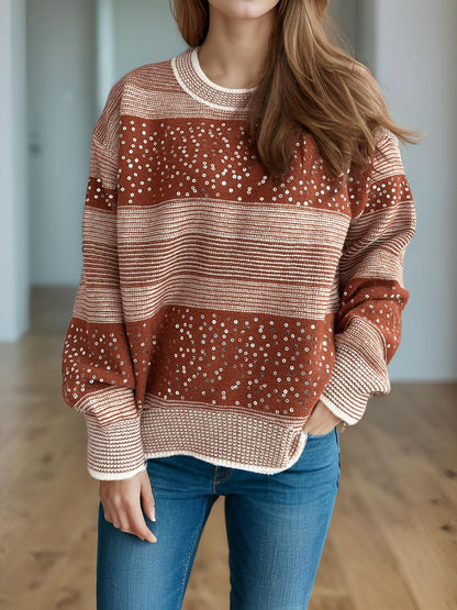 Sequin Color Block Round Neck Sweater