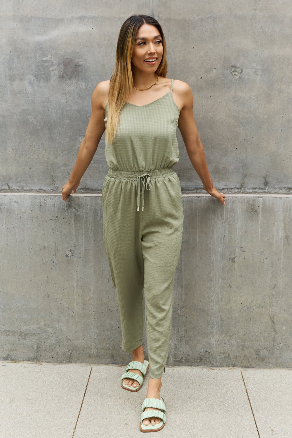 ODDI Full Size Textured Woven Jumpsuit in Sage