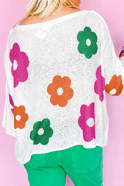 Flower Round Neck Quarter Button Knit Top