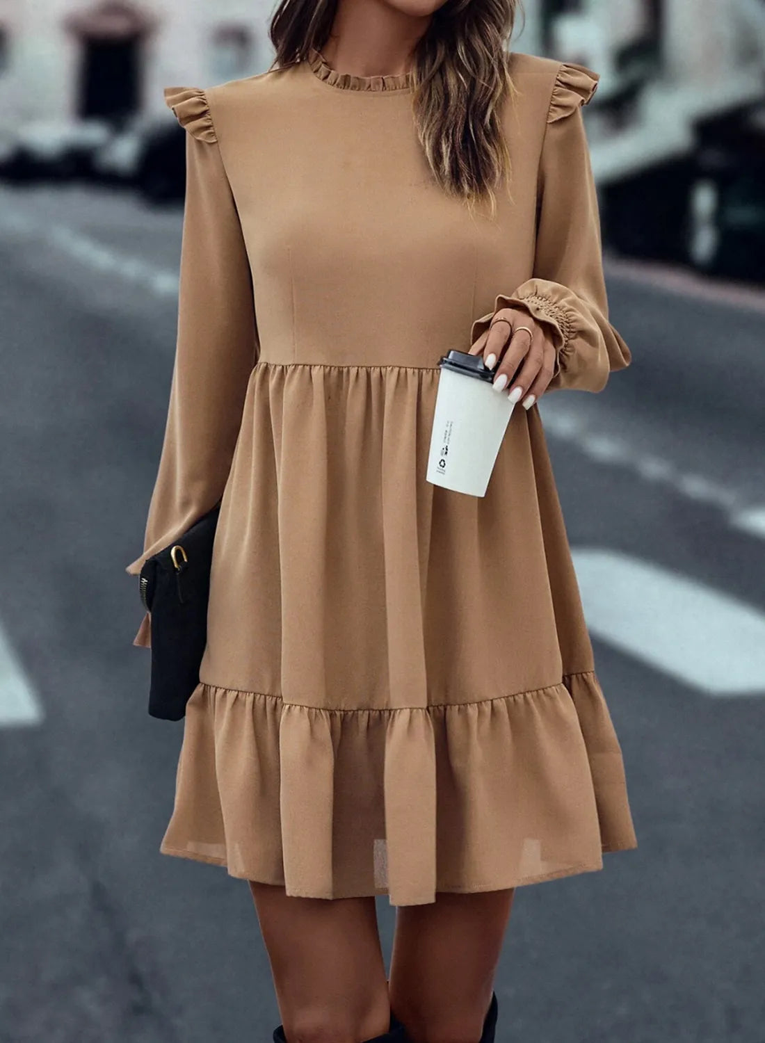 Frill Round Neck Flounce Sleeve Mini Dress