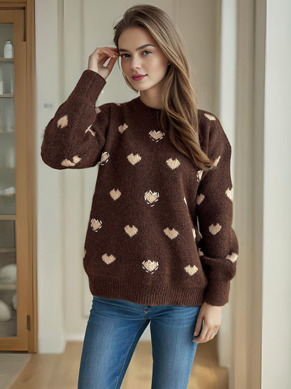 Heart Round Neck Long Sleeve Sweater