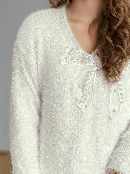 Bow Pearl Detail V-Neck Long Sleeve Sweater