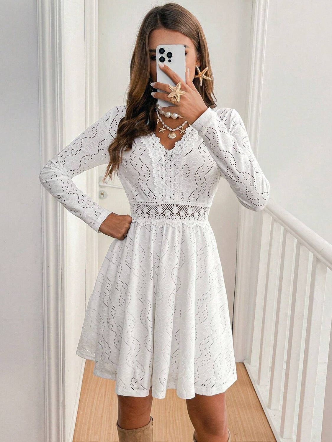 Lace Detail V Neck Long Sleeve Mini Dress