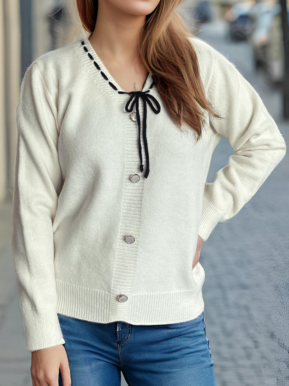 Tied V-Neck Long Sleeve Sweater