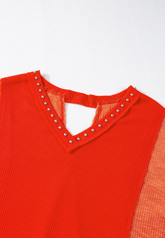 Studded Waffle-Knit V-Neck Long Sleeve Top