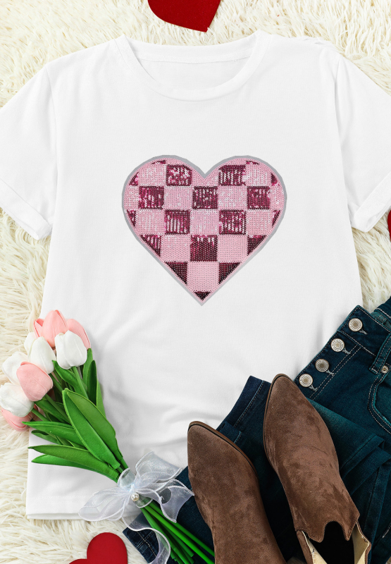 Sequin Checkered Heart Round Neck Short Sleeve T-Shirt