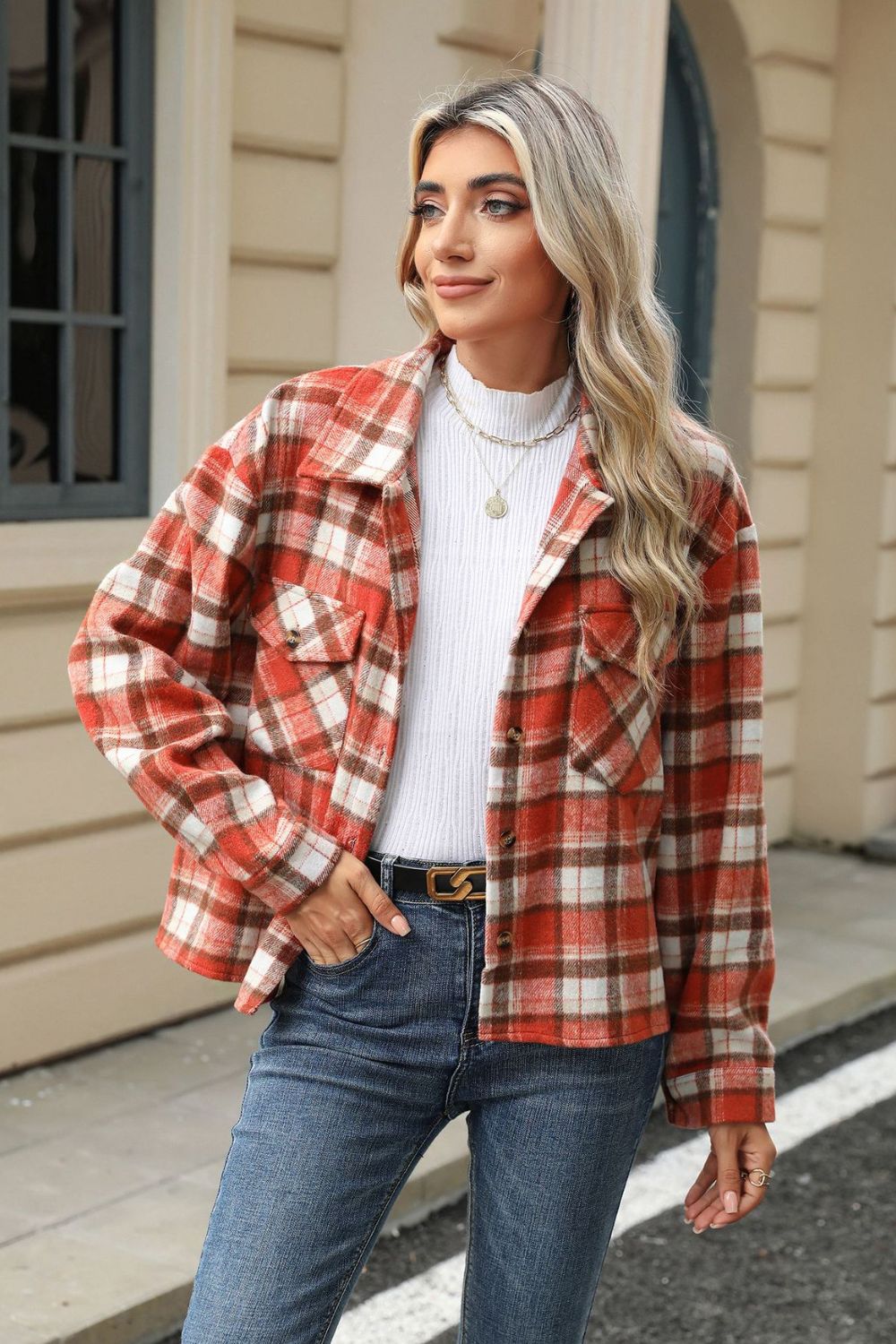 Pocketed Plaid Collared Neck Dropped Shoulder Jacket