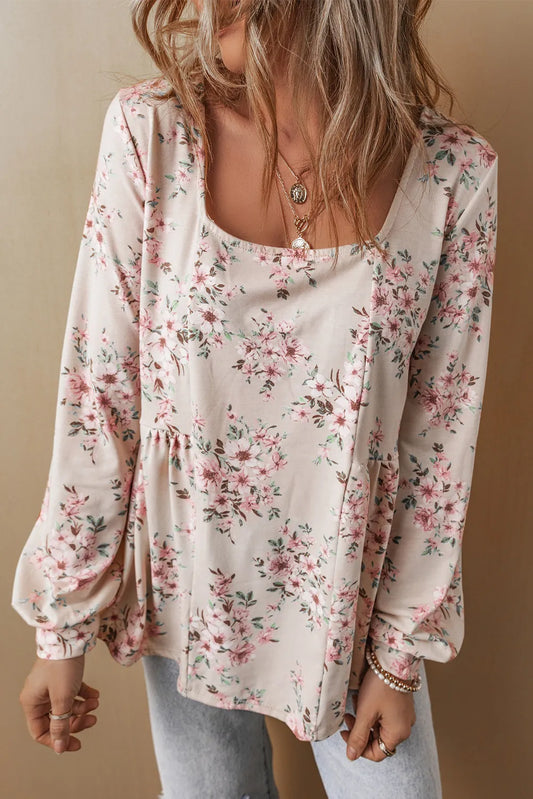 Printed Square Neck Long Sleeve Blouse