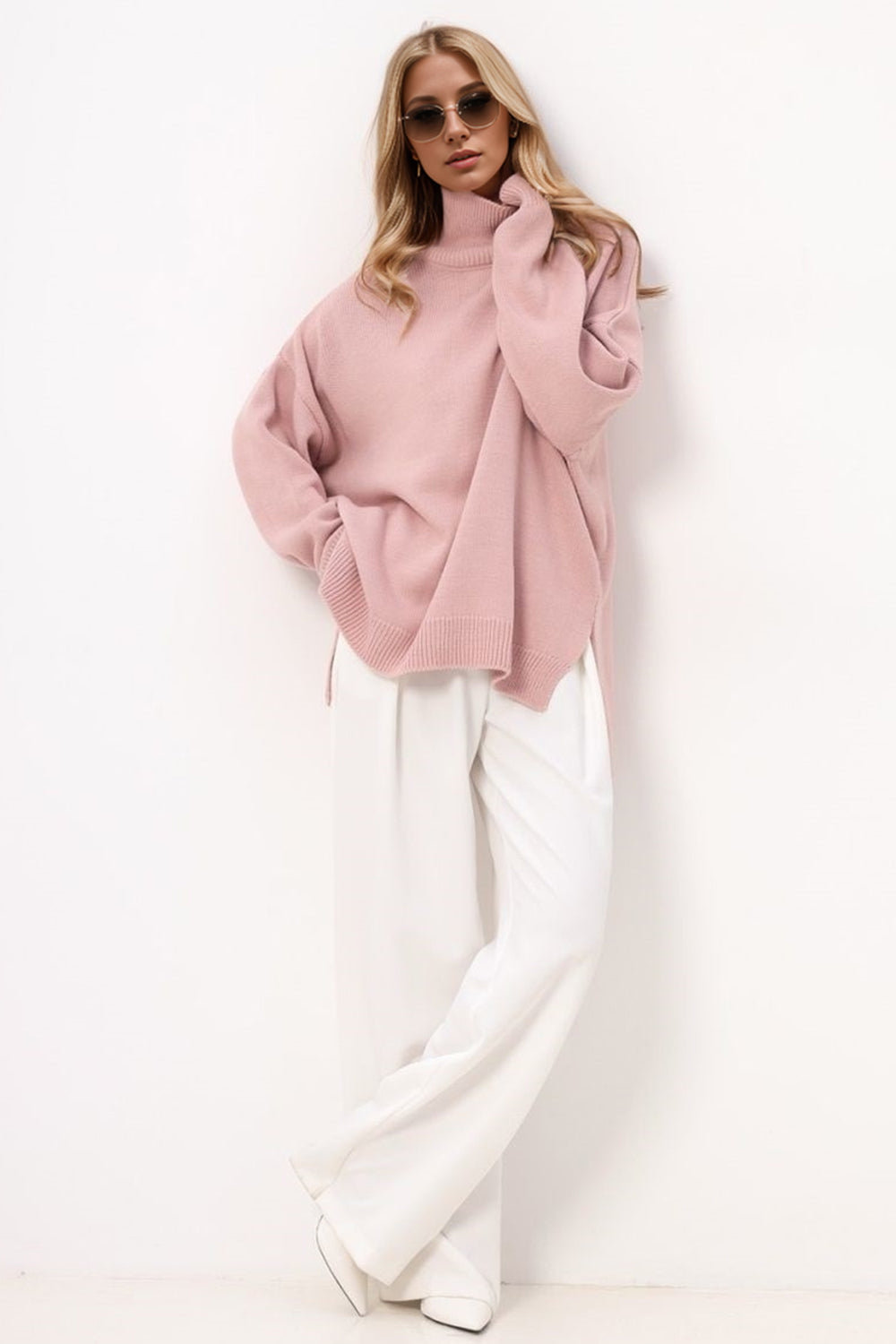 Basic Bae Side Slit Turtleneck Long Sleeve Sweater