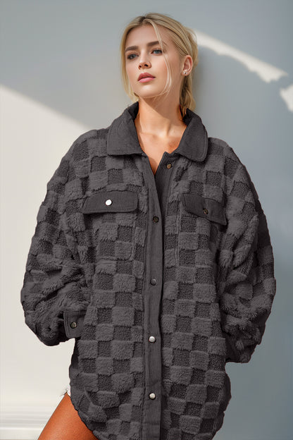 Double Take Button Up Fuzzy Checkered Shacket