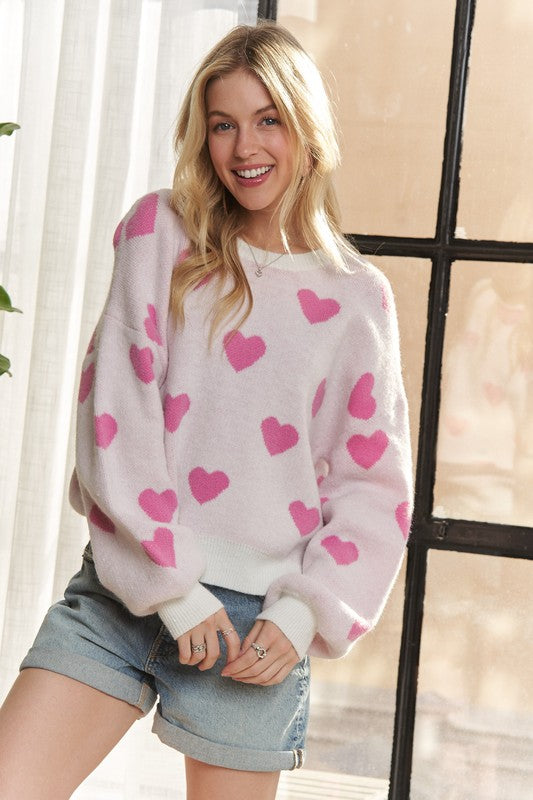 ADORA Heart Round Neck Drop Shoulder Sweater