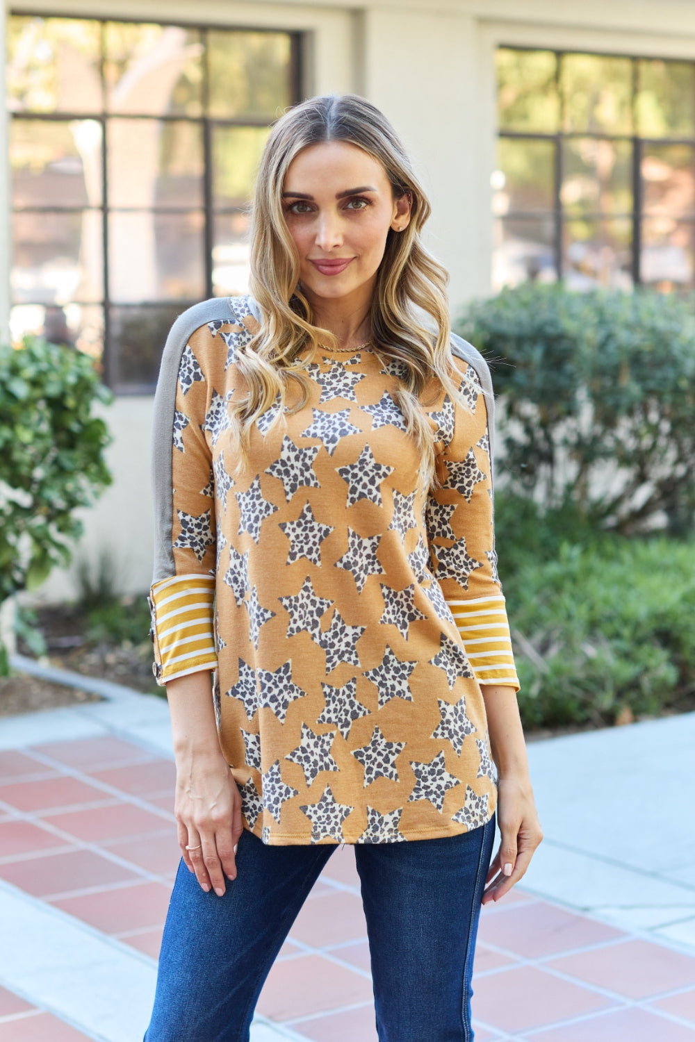 Celeste Design Full Size Leopard Star Contrast Top