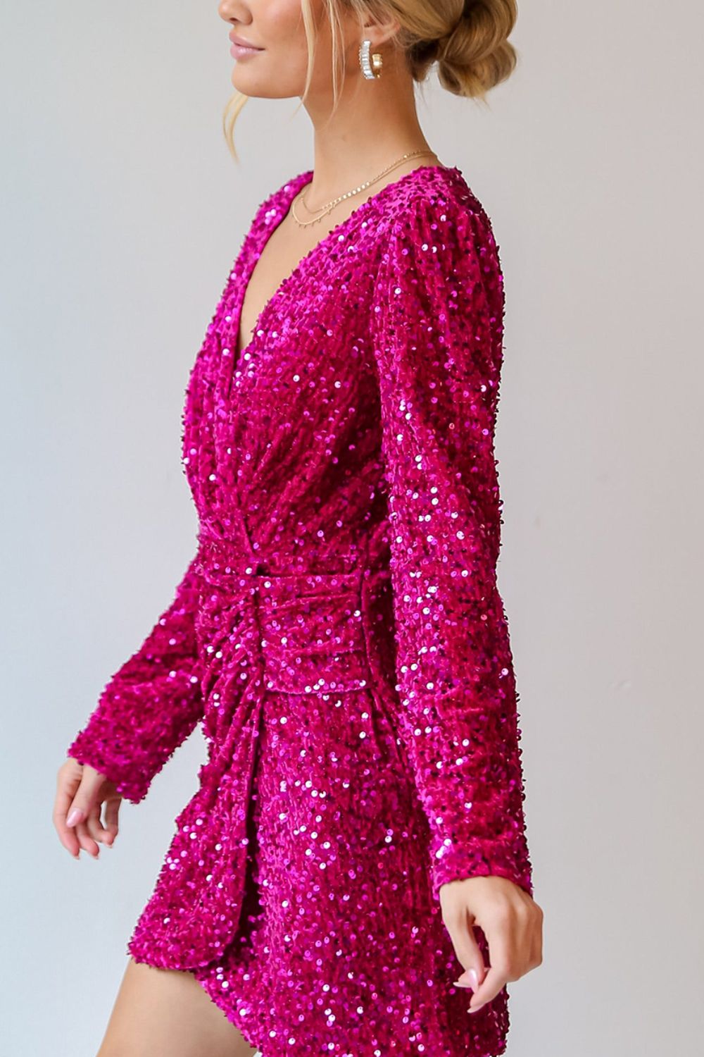 Sequin Surplice Long Sleeve Mini Dress