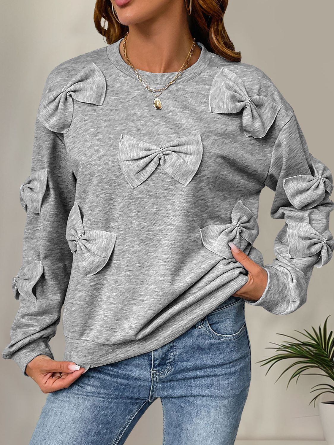 Perfee Bow Round Neck Long Sleeve Sweatshirt