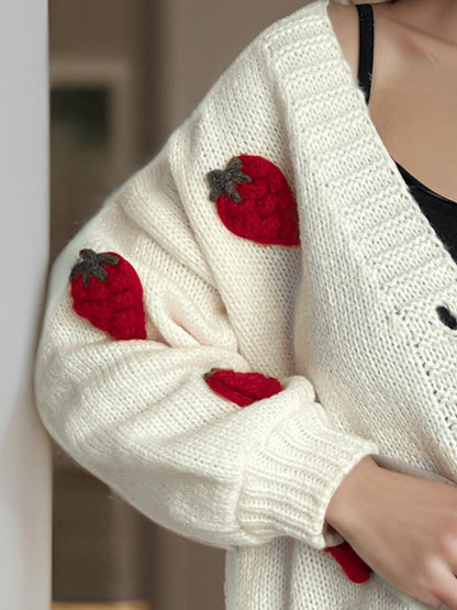 Crochet Strawberry V-Neck Long Sleeve Cardigan