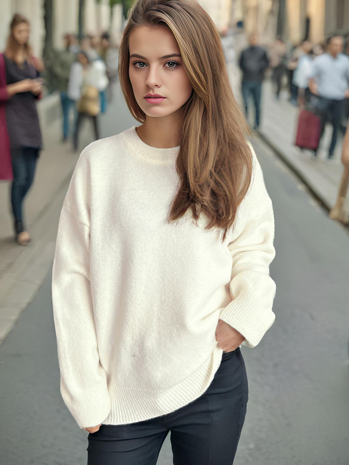 Round Neck Dropped Shoulder Long Sleeve Sweater