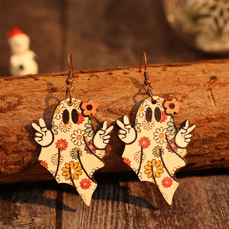 Alloy Wooden Ghost Dangle Earrings