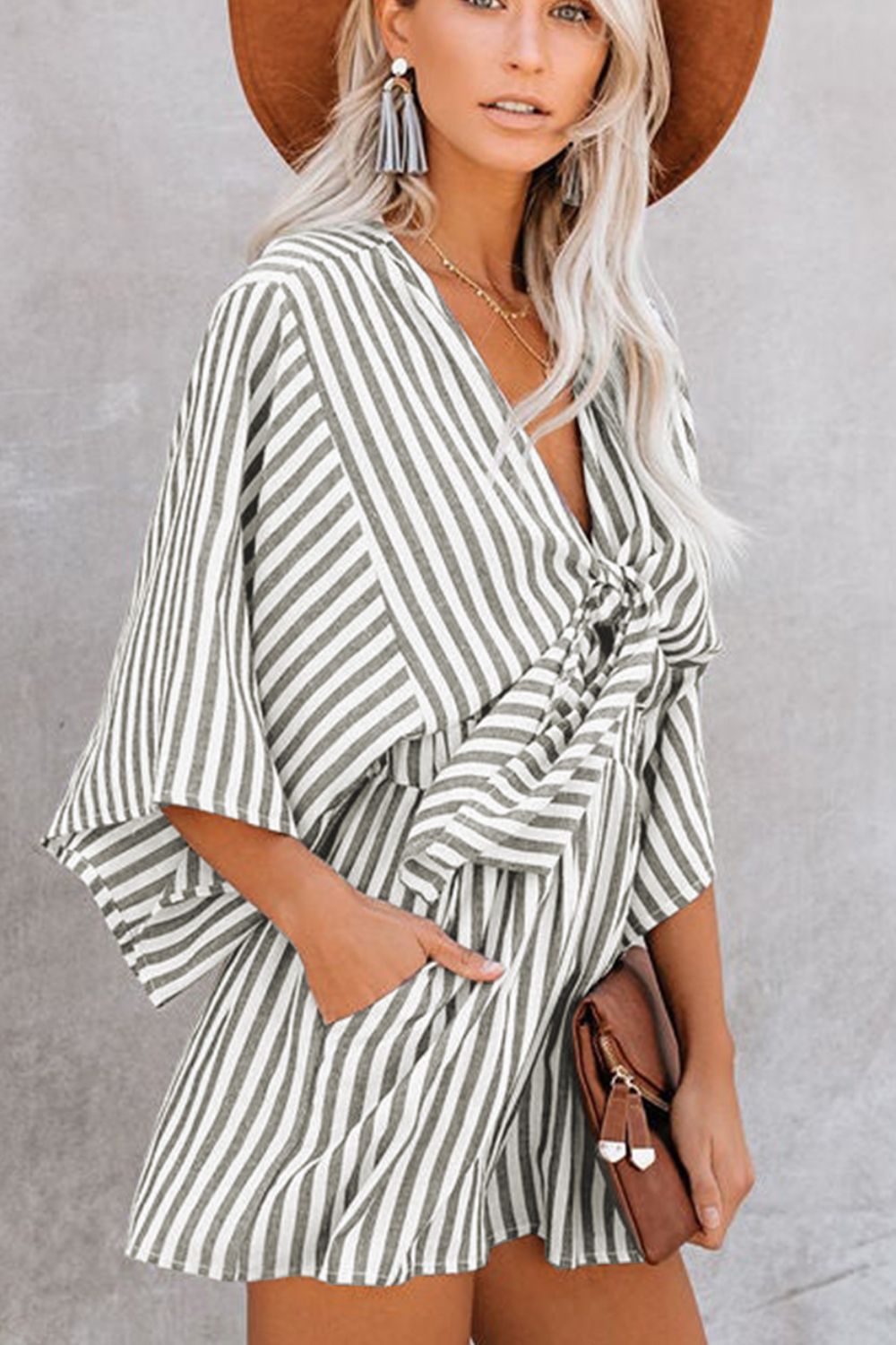 Bow Striped Kimono Sleeve Romper