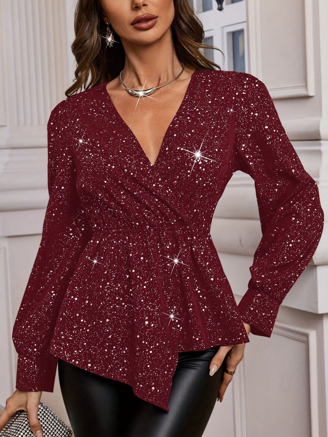 Asymmetrical Hem Surplice Long Sleeve Blouse