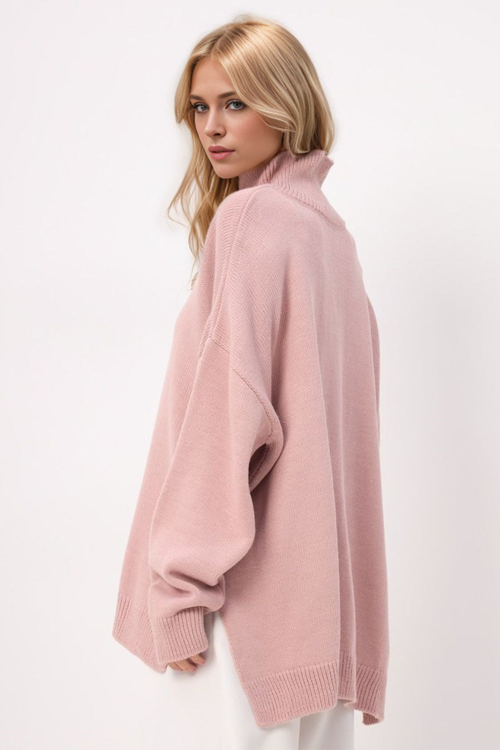 Basic Bae Side Slit Turtleneck Long Sleeve Sweater