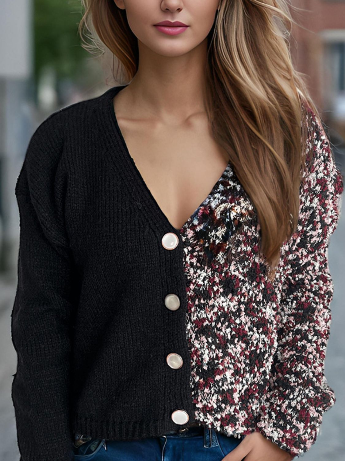 Contrast Button Up V-Neck Cropped Cardigan